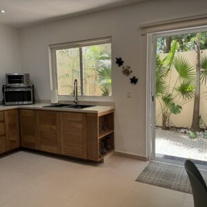 Kitchen with view of patio